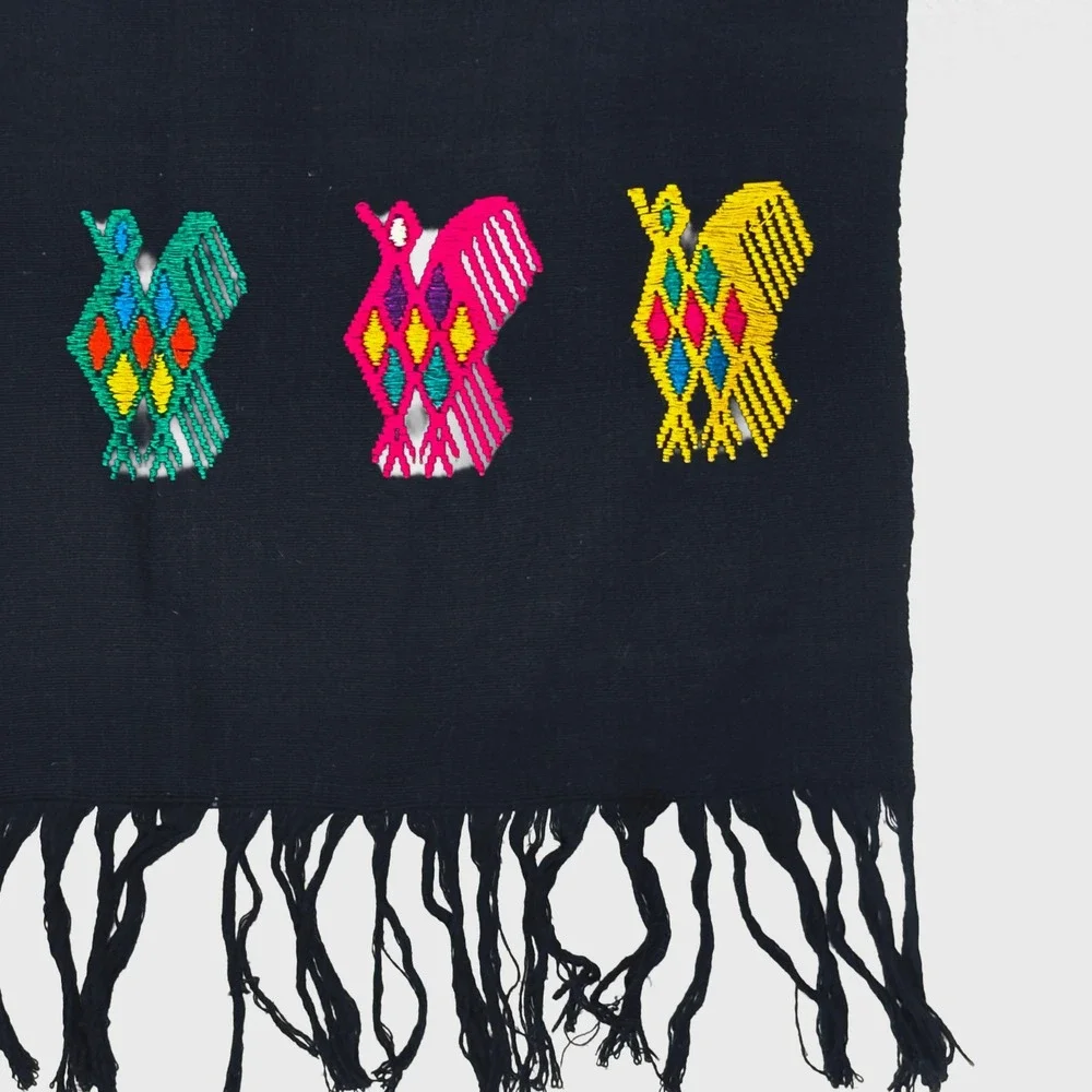 VTG Handwoven Guatemalan Embroidered Bird Textile Fringe Tapestry Runner Rainbow